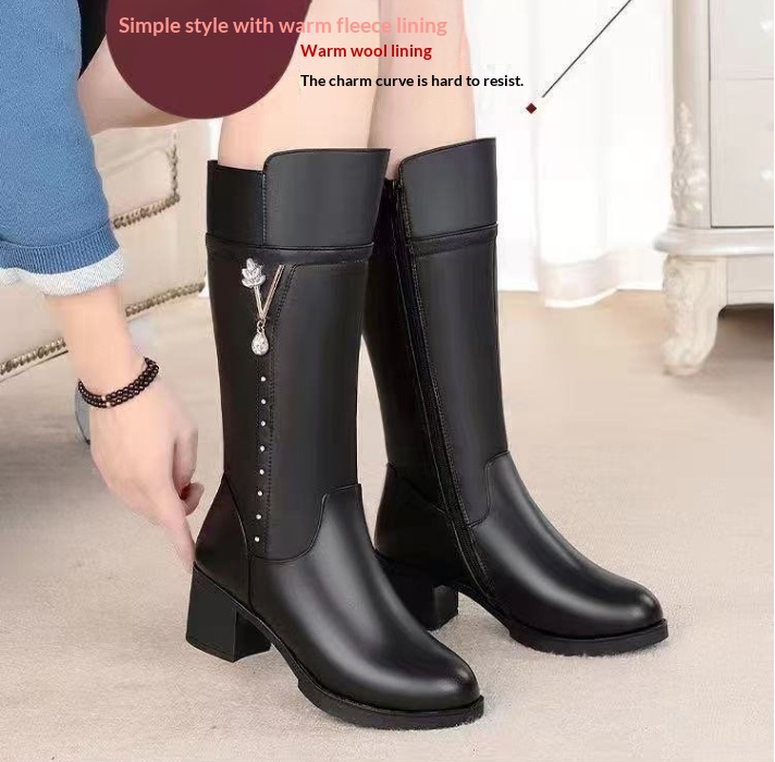 Womens Fleece-Lined Tall Boots In Soft Leather With Wool Lining And Zipper For Warmth