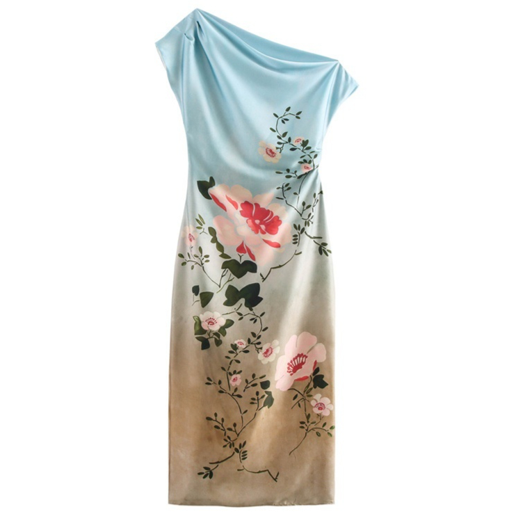 Womens Floral Print Silk-Satin Textured One-Shoulder Dress
