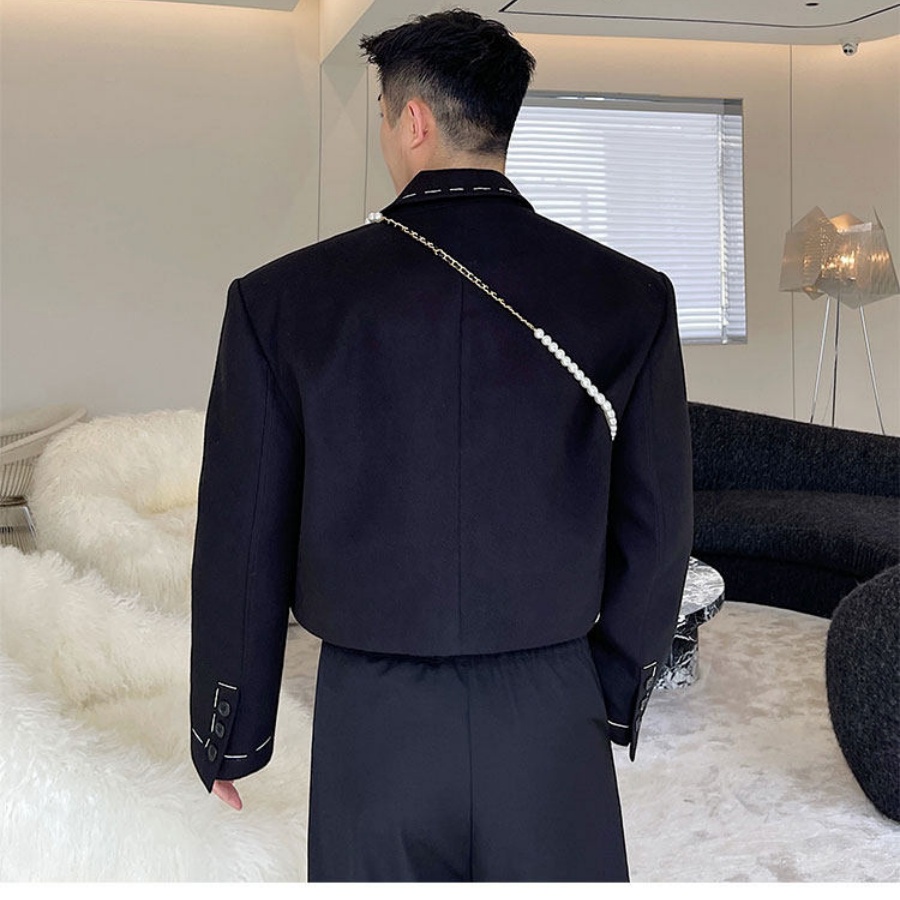 Men's Black Short Suit Jacket With Distinctive Hand-Stitched Detailing