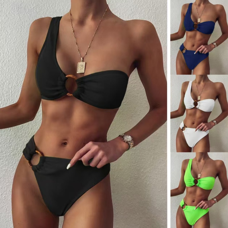 Hoop-embellished One-shoulder Two-piece Swimsuit For A Feminine Look