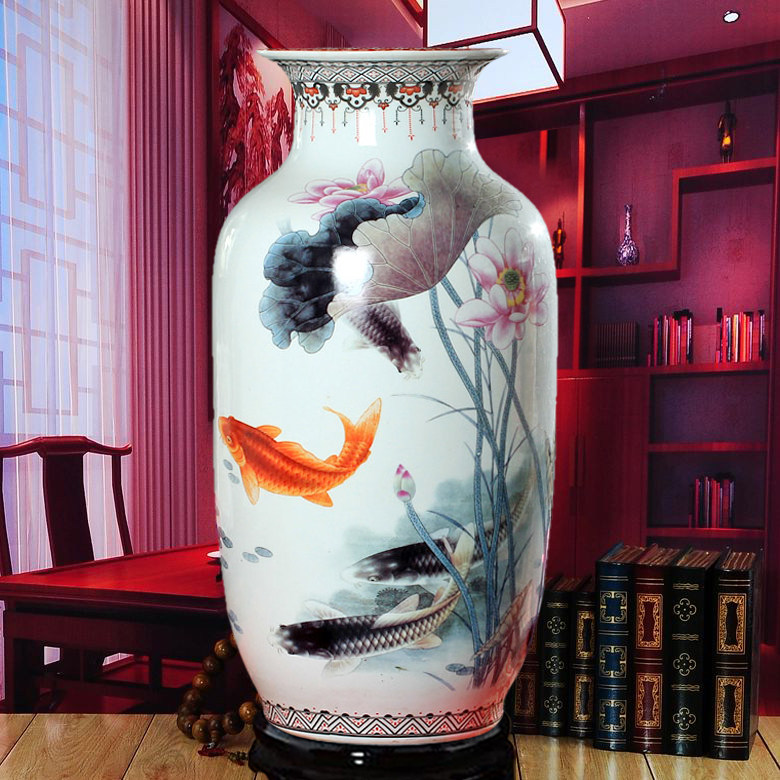 Modern Home Decor Pastel Floor Vase With Lotus Fish And Winter Melon Design