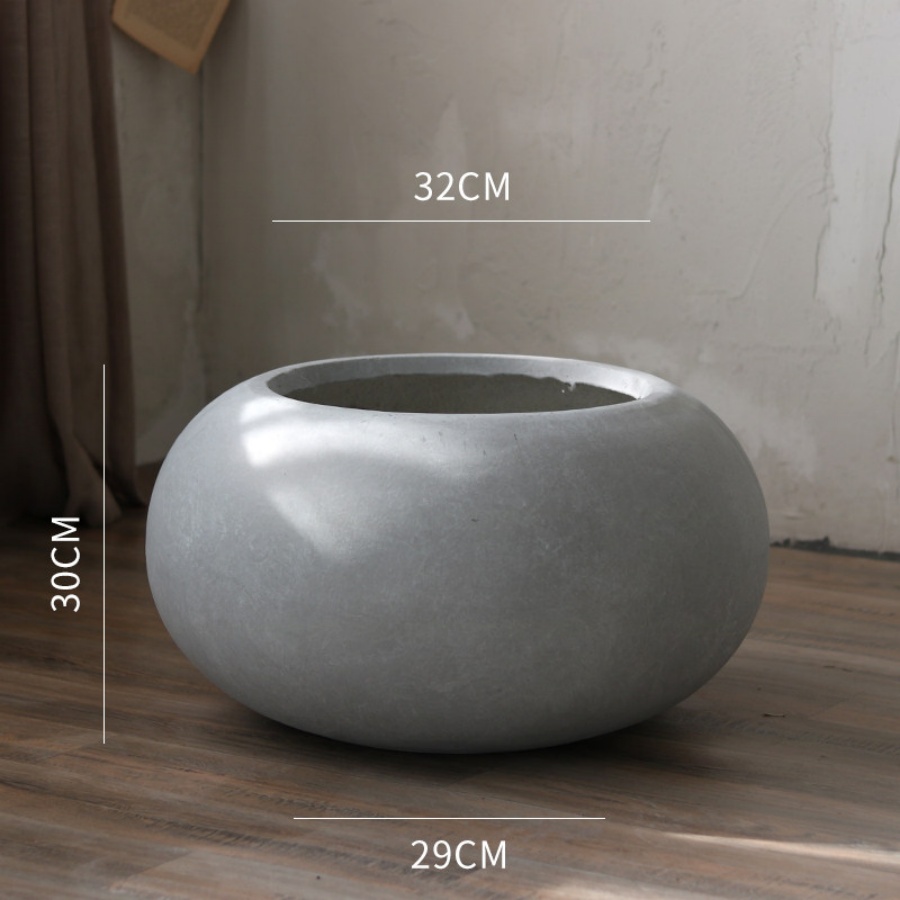 Round Magnesium Clay Flower Pot With Bamboo And Green Plant Decoration