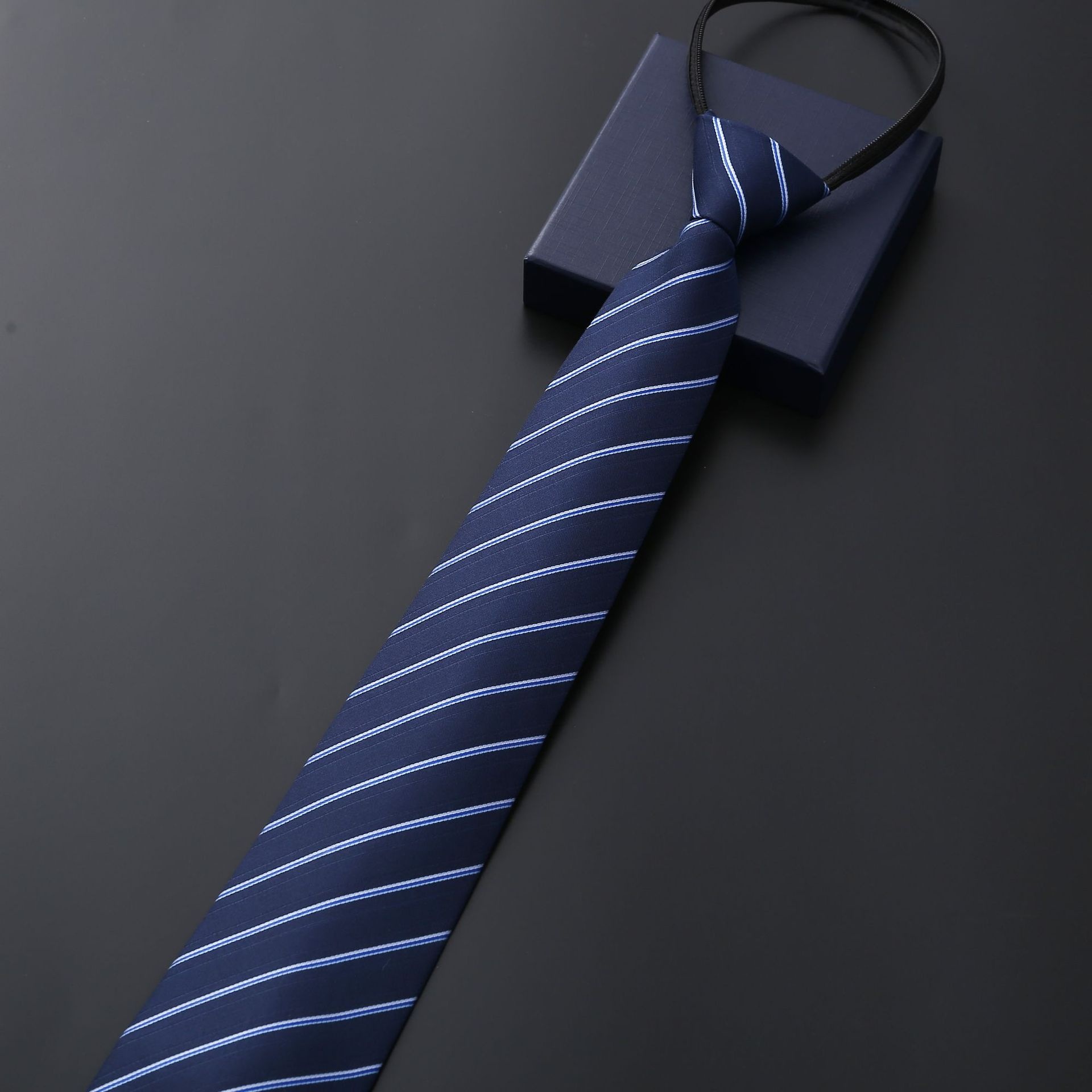 Mens Business Formal Zipper Tie With Blue Stripes
