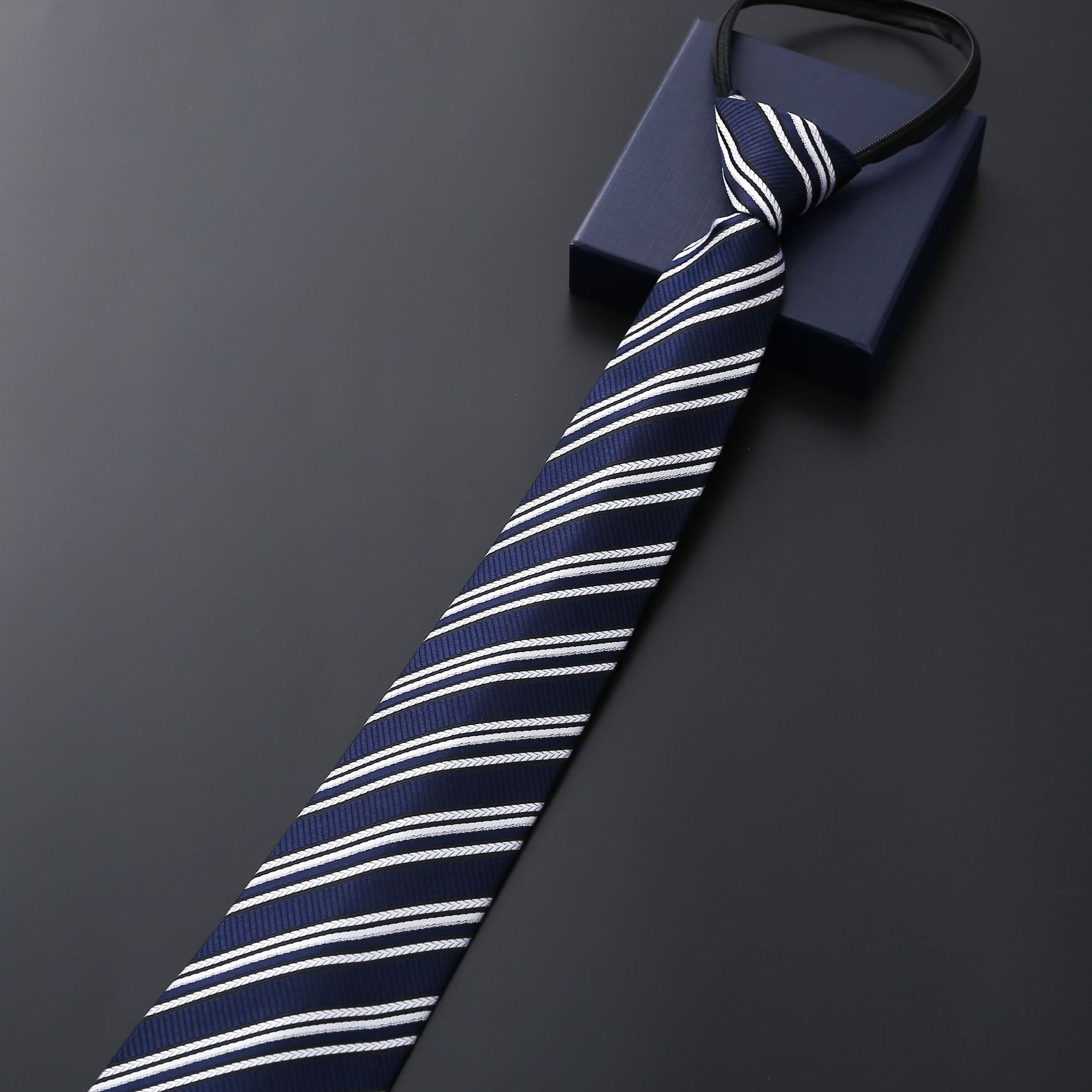 Mens Business Formal Zipper Tie With Blue Stripes