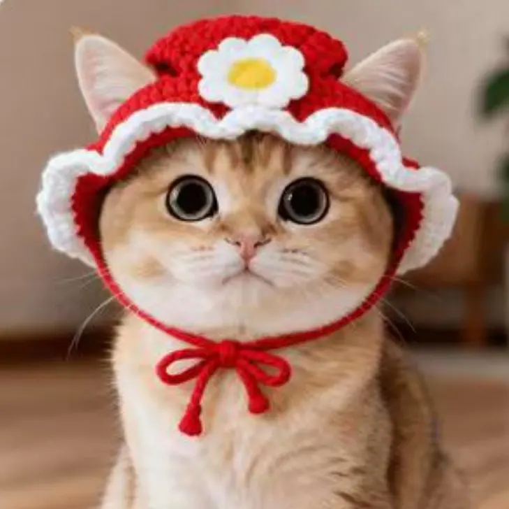 New Year Red Knitted Sunflower Hat for Cats