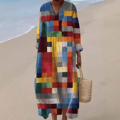 Retro V-neck Bohemian-print Loose-fitting Dress