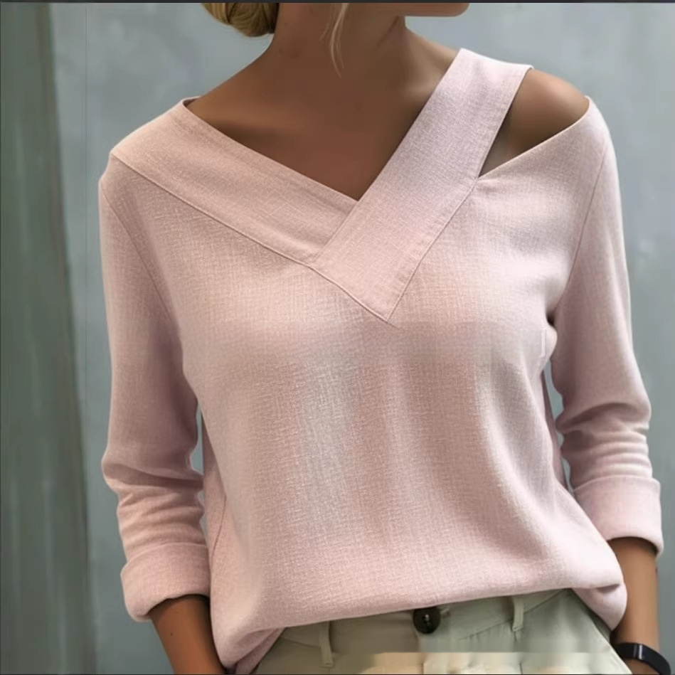 Elegant Off-the-shoulder V-neck Solid-color Long-sleeve Top