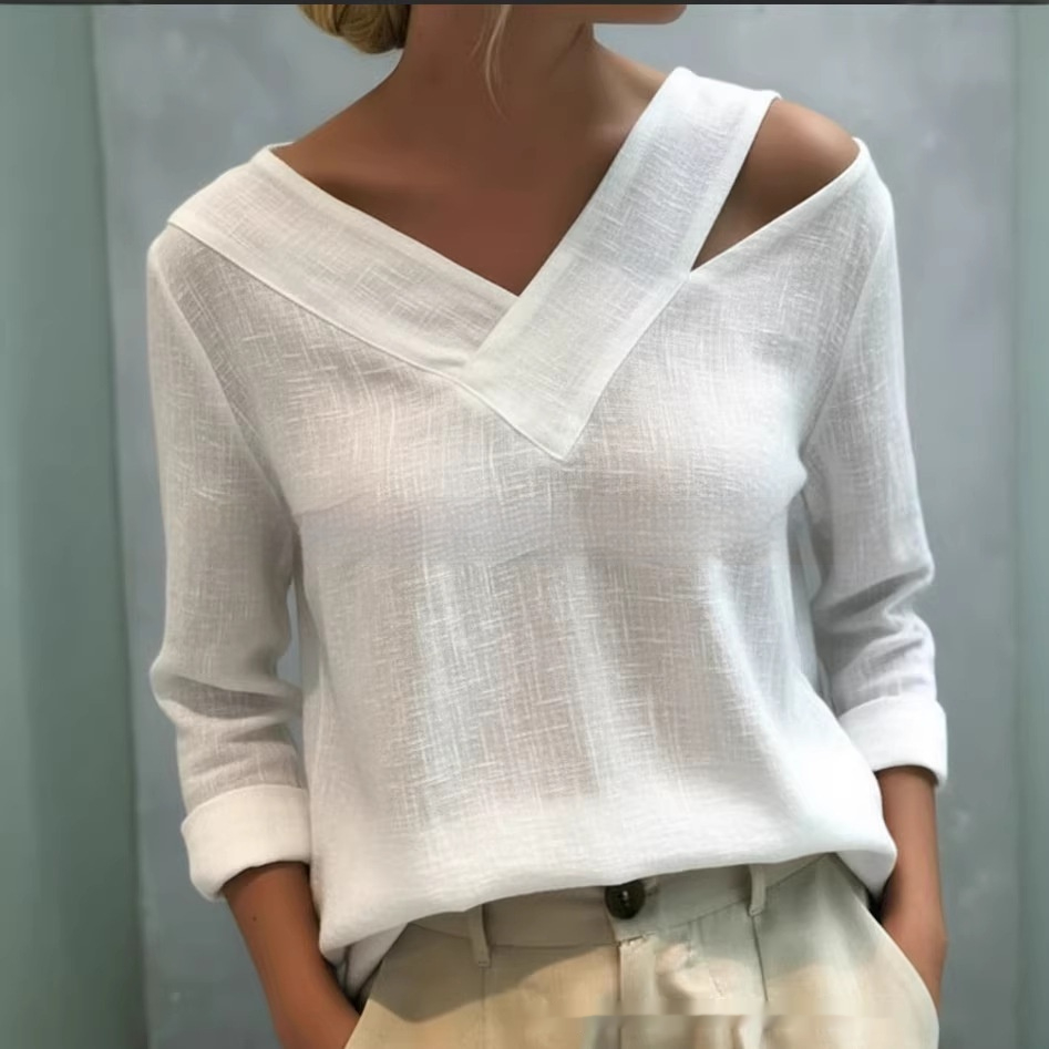 Elegant Off-the-shoulder V-neck Solid-color Long-sleeve Top
