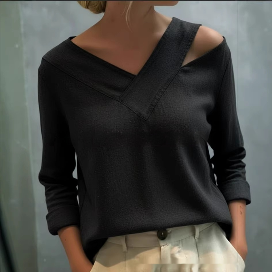 Elegant Off-the-shoulder V-neck Solid-color Long-sleeve Top