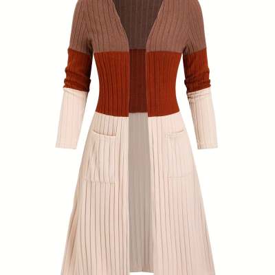 Womens Plus-Size Fashionable Casual Contrasting Color Long-Sleeve Cardigan Long Coat