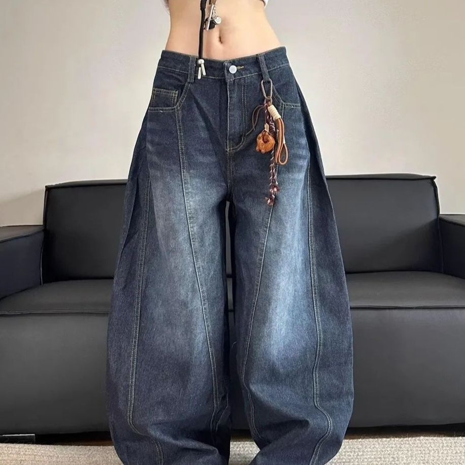 European And American-style Distressed Washed Denim Jeans With A Draped Flowy Fit