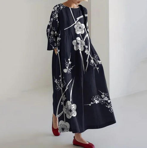 Womens Fashion Round-Neck Printed Long-Sleeve Dress