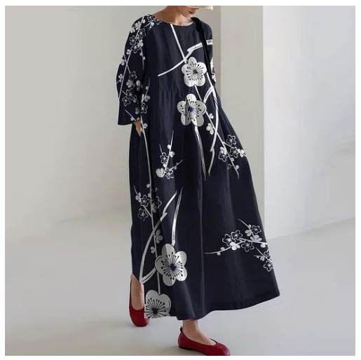 Womens Fashion Round-Neck Printed Long-Sleeve Dress