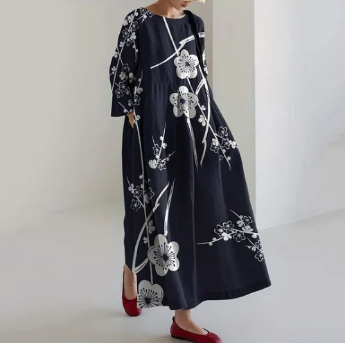 Womens Fashion Round-Neck Printed Long-Sleeve Dress