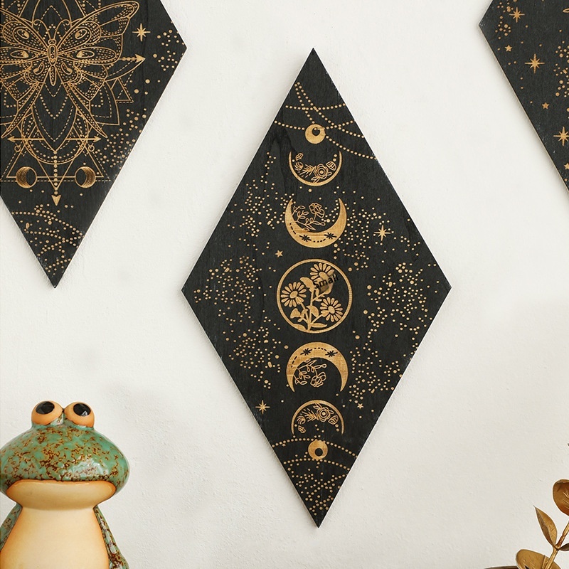 Geometrically Carved Diamond-shaped Wooden Triangular Wall Shelf