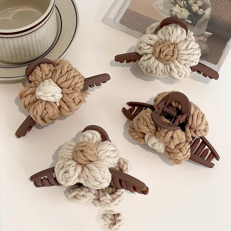 Cute Maillard-colored Yarn Flower Hair Clip