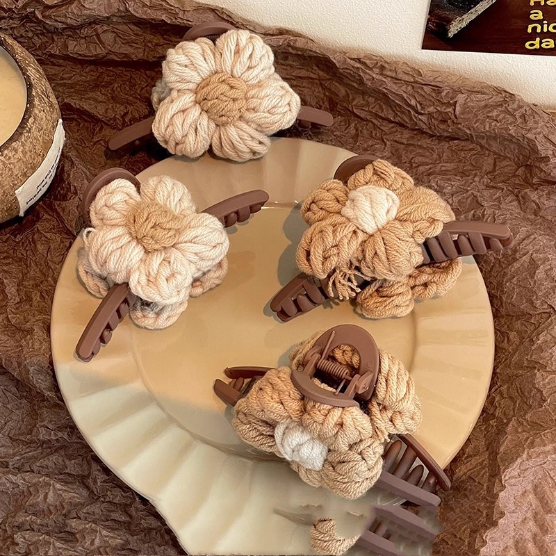 Cute Maillard-colored Yarn Flower Hair Clip