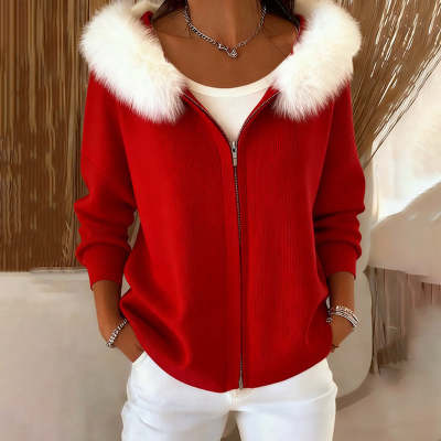 Womens Fashion Printed Cardigan With Furry Hoodie