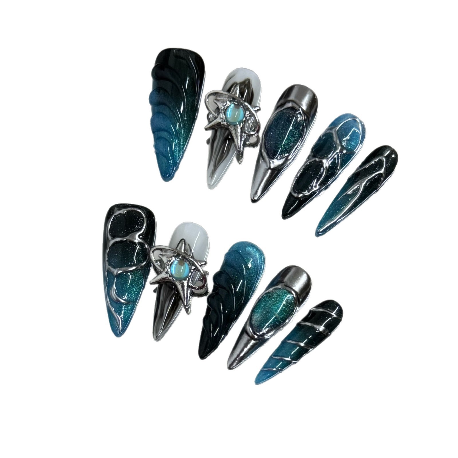 Wearable Nail Relief Long Pointed Blue Sapphire Three-dimensional