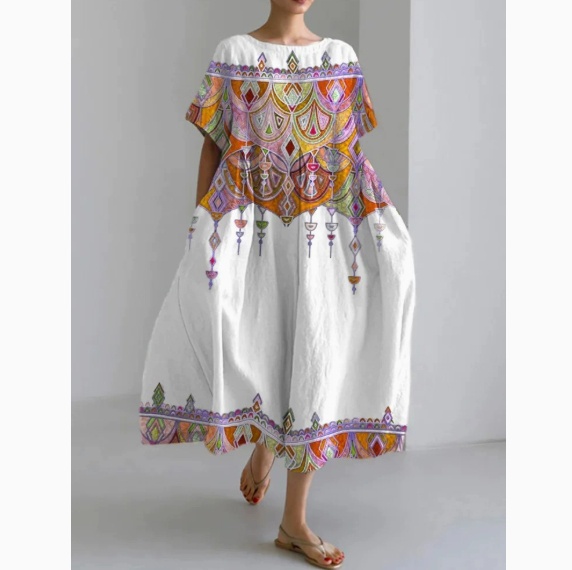 Womens Loose-fitting Round-neck Fashionable Printed Dress