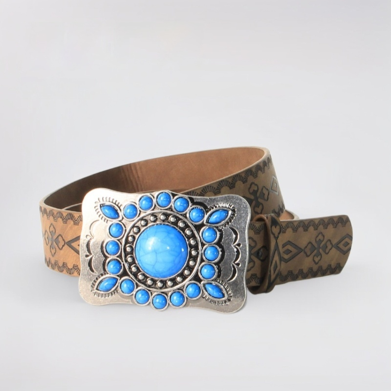 Retro Embossed Antique Silver And Blue Turquoise Alloy Buckle Belt