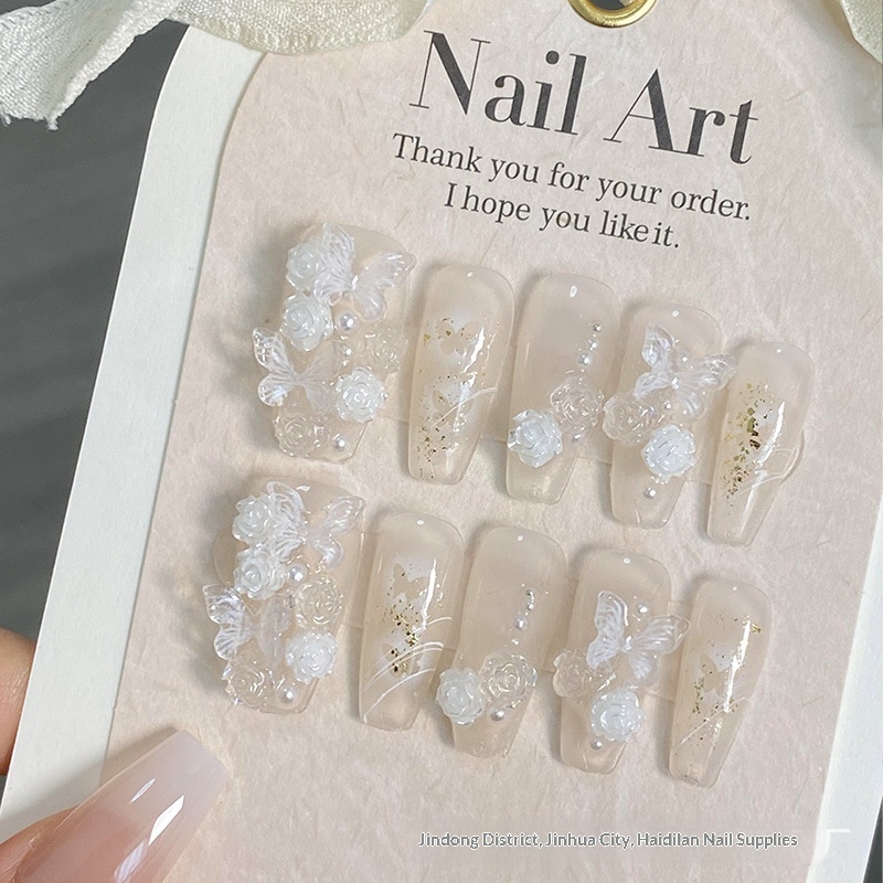 Handmade Wearable Nails In An Icy Translucent Camellia Design With A Blue-to-white Gradient