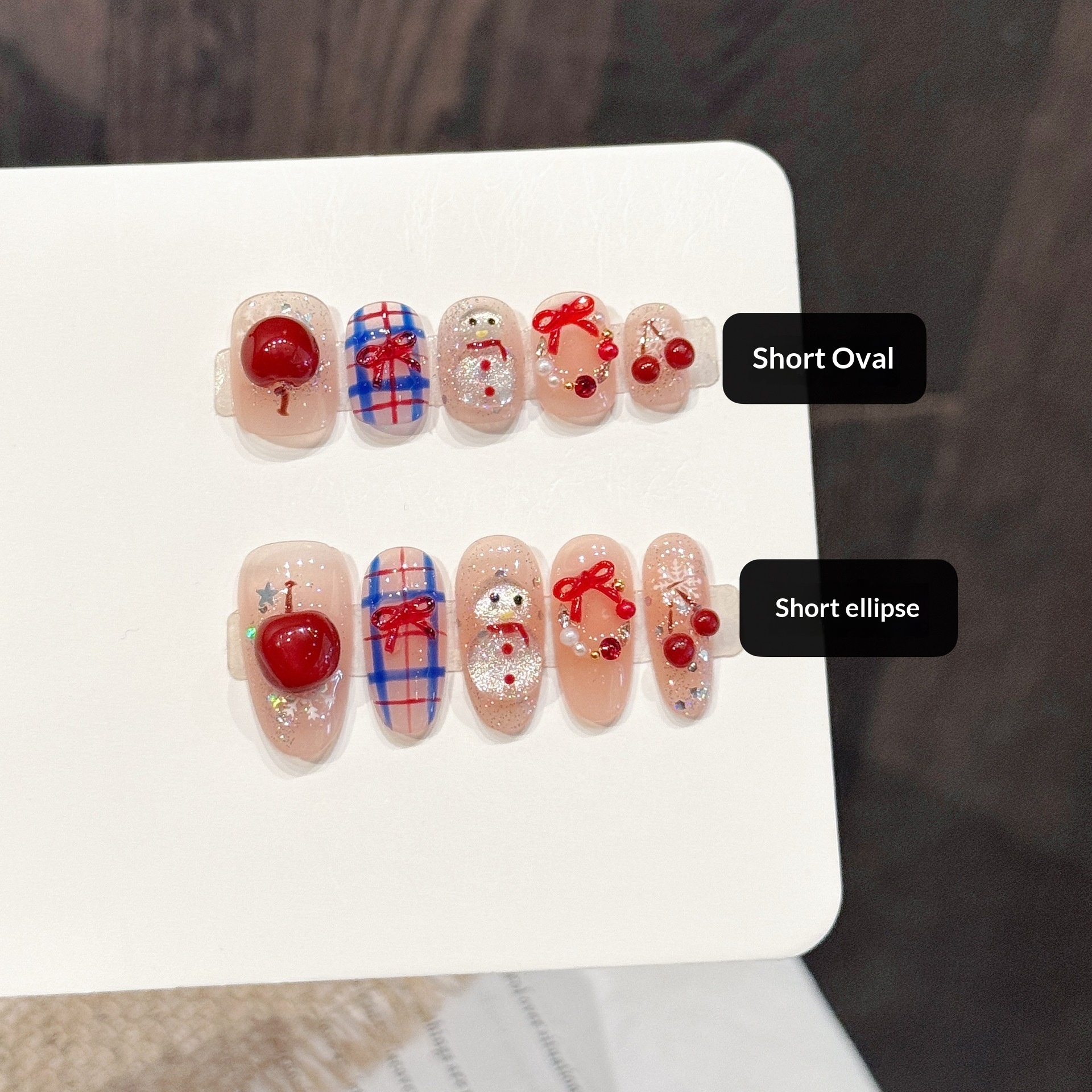 Cherry Snowman Wearable Nails With Plaid Bow Design Short