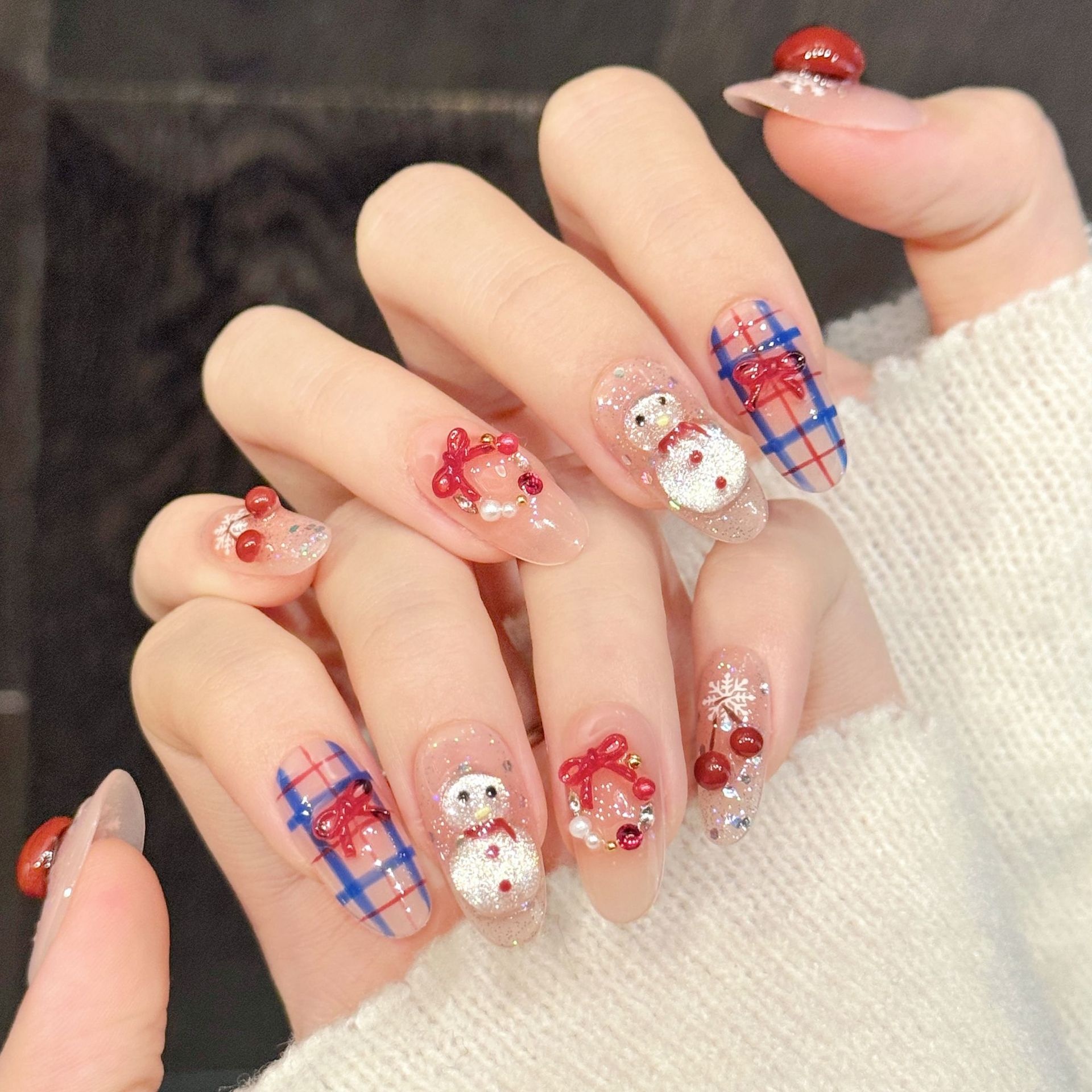 Cherry Snowman Wearable Nails With Plaid Bow Design Short