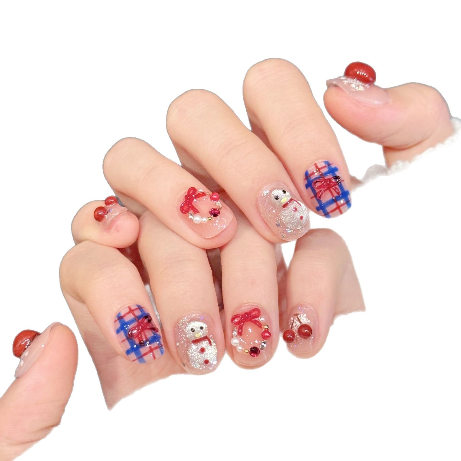 Cherry Snowman Wearable Nails With Plaid Bow Design Short