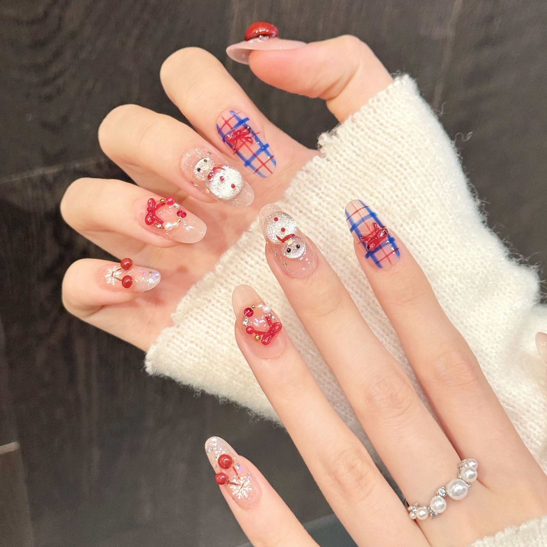 Cherry Snowman Wearable Nails With Plaid Bow Design Short