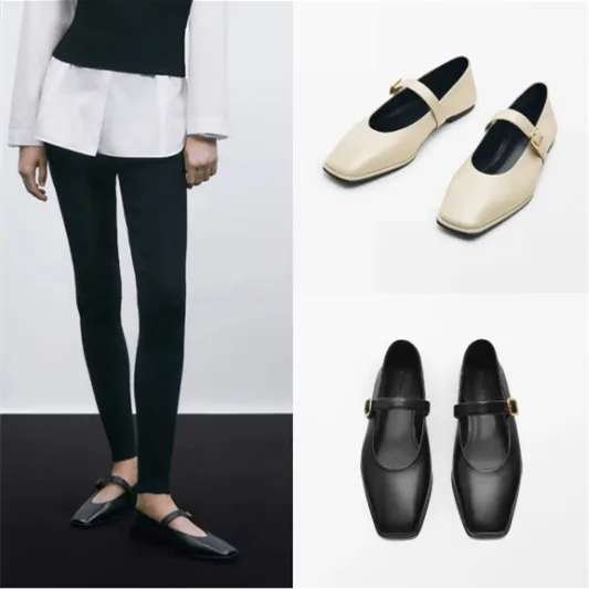 Genuine Leather Square-toe Flat Shoes for Women with Shallow