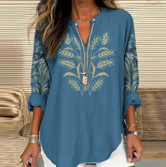 Womens Fashionable Loose Round-Neck Shirt With 3D Digital Floral Print