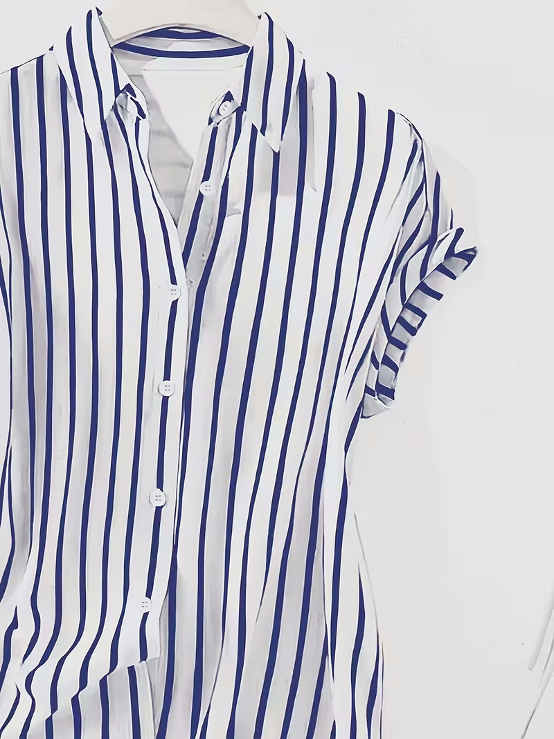 Womens Casual Striped Retro New Arrival Printed Short-Sleeve Shirt