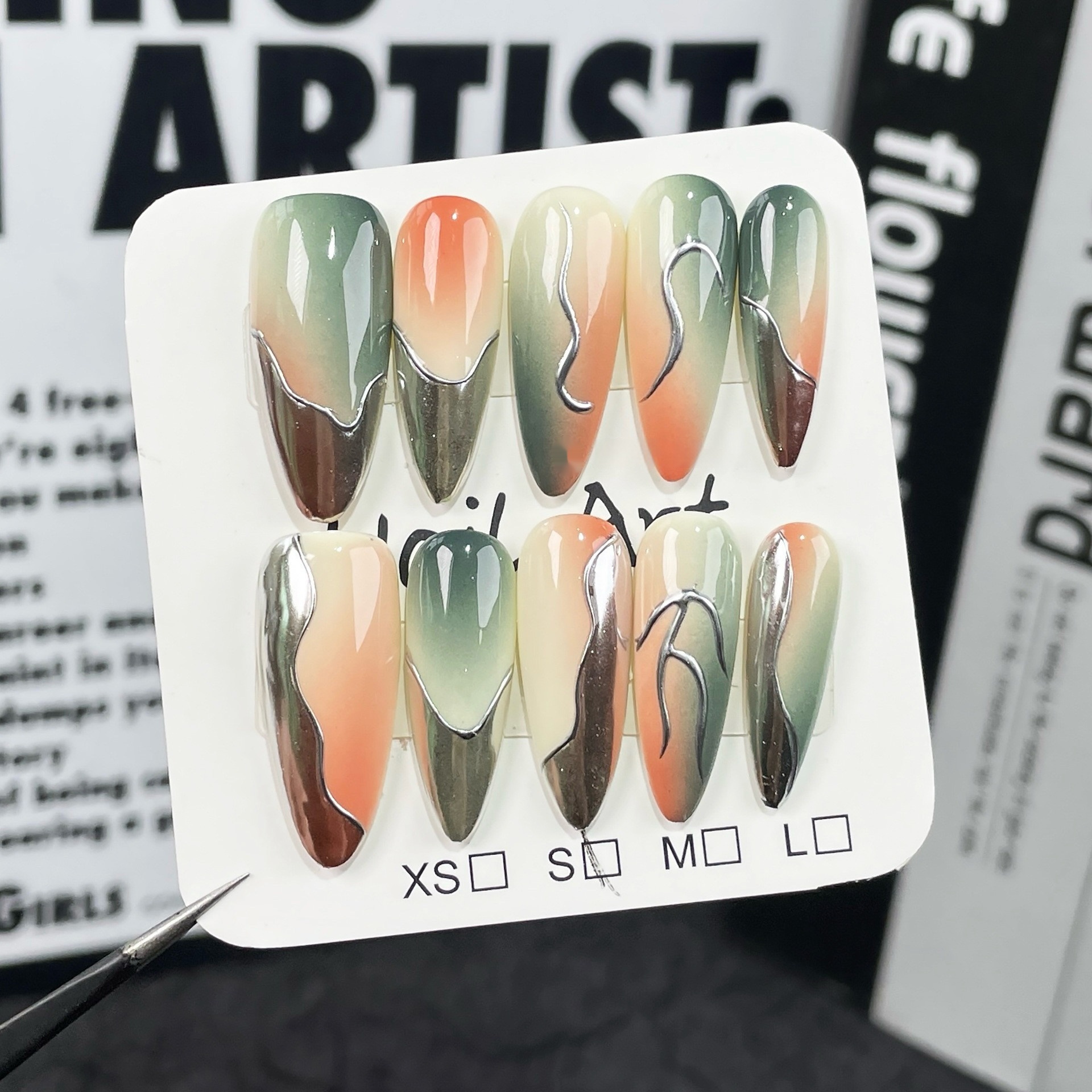 Airbrush Gradient Nail Art With Irregular Metallic Designs