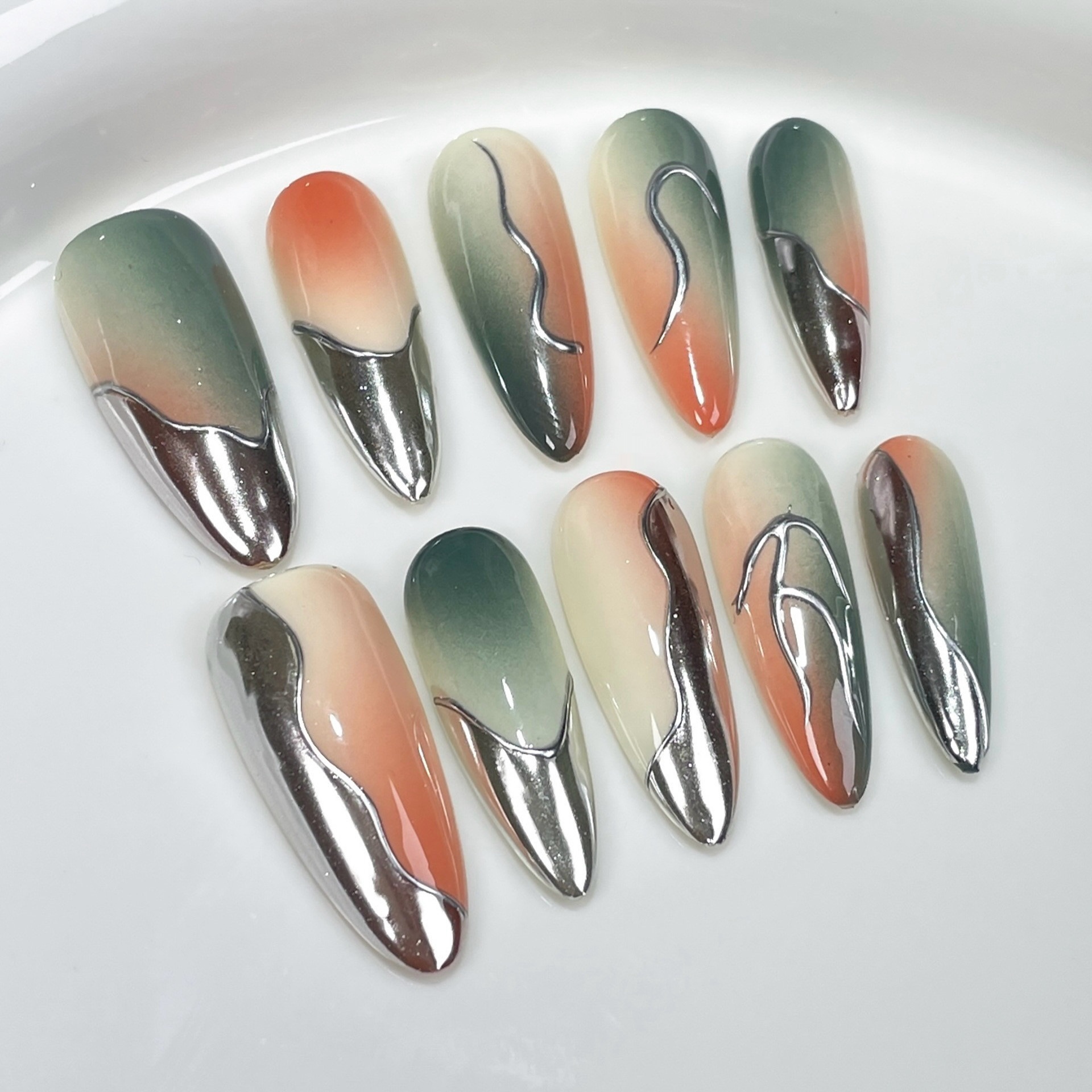 Airbrush Gradient Nail Art With Irregular Metallic Designs