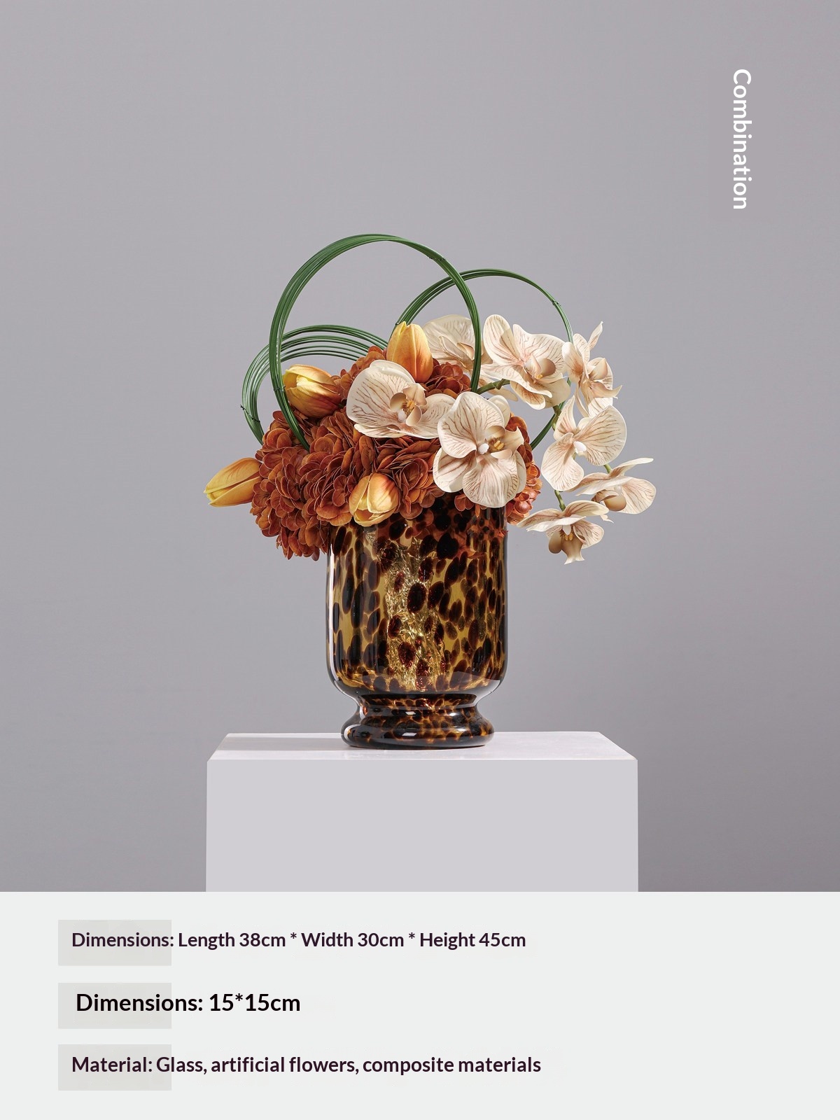 Living Room Amber Vase Display With Artificial Floral Arrangements