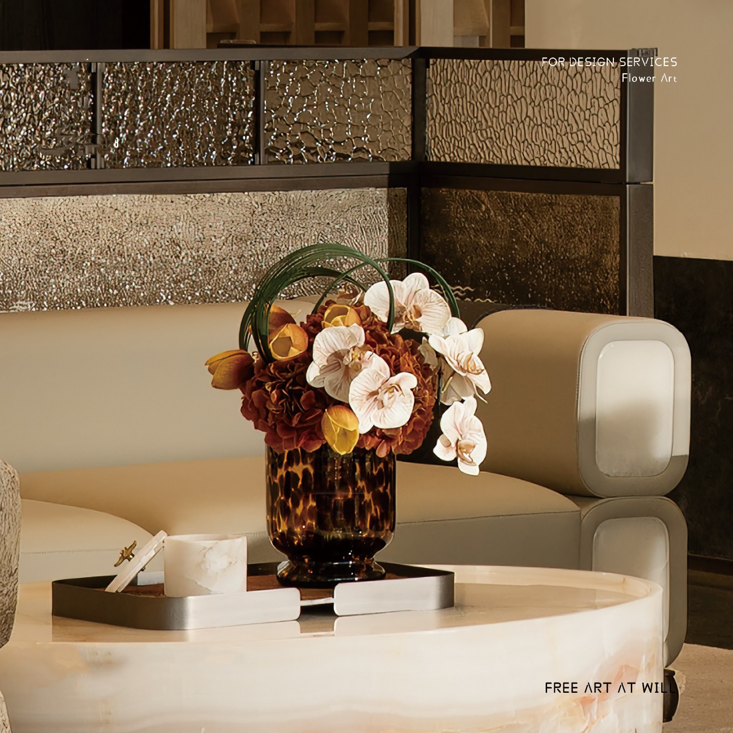 Living Room Amber Vase Display With Artificial Floral Arrangements