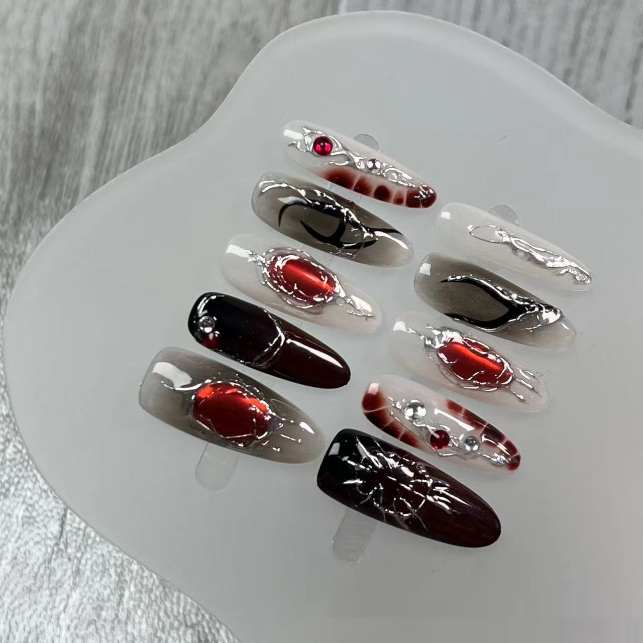 Handmade Wearable Nails In A Sweet Yet Edgy Black-and-red Gradient