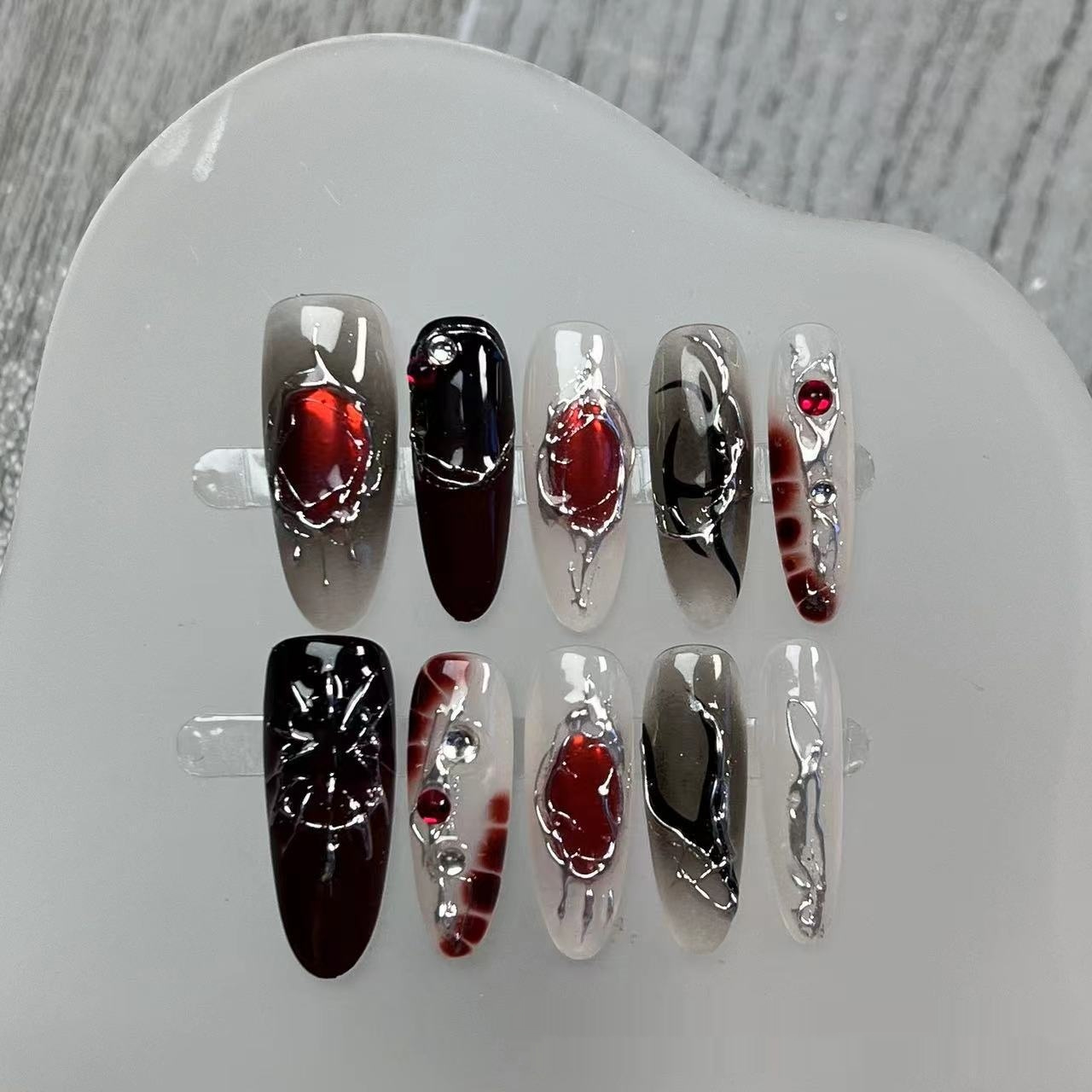 Handmade Wearable Nails In A Sweet Yet Edgy Black-and-red Gradient