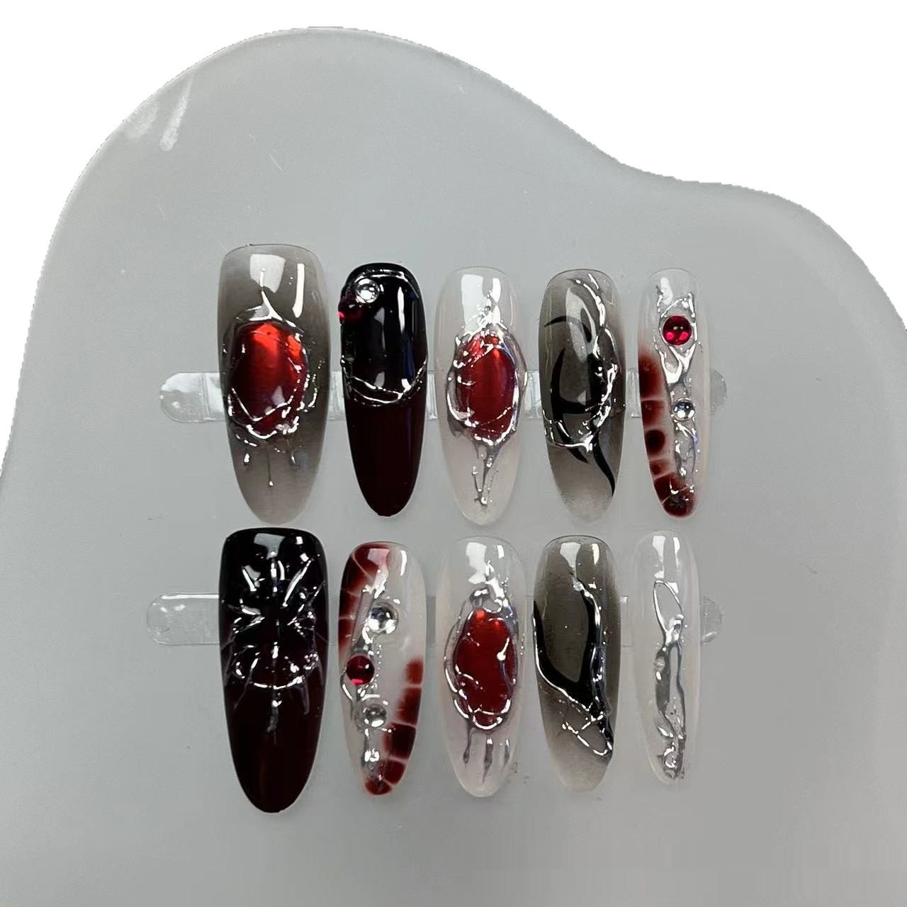 Handmade Wearable Nails In A Sweet Yet Edgy Black-and-red Gradient