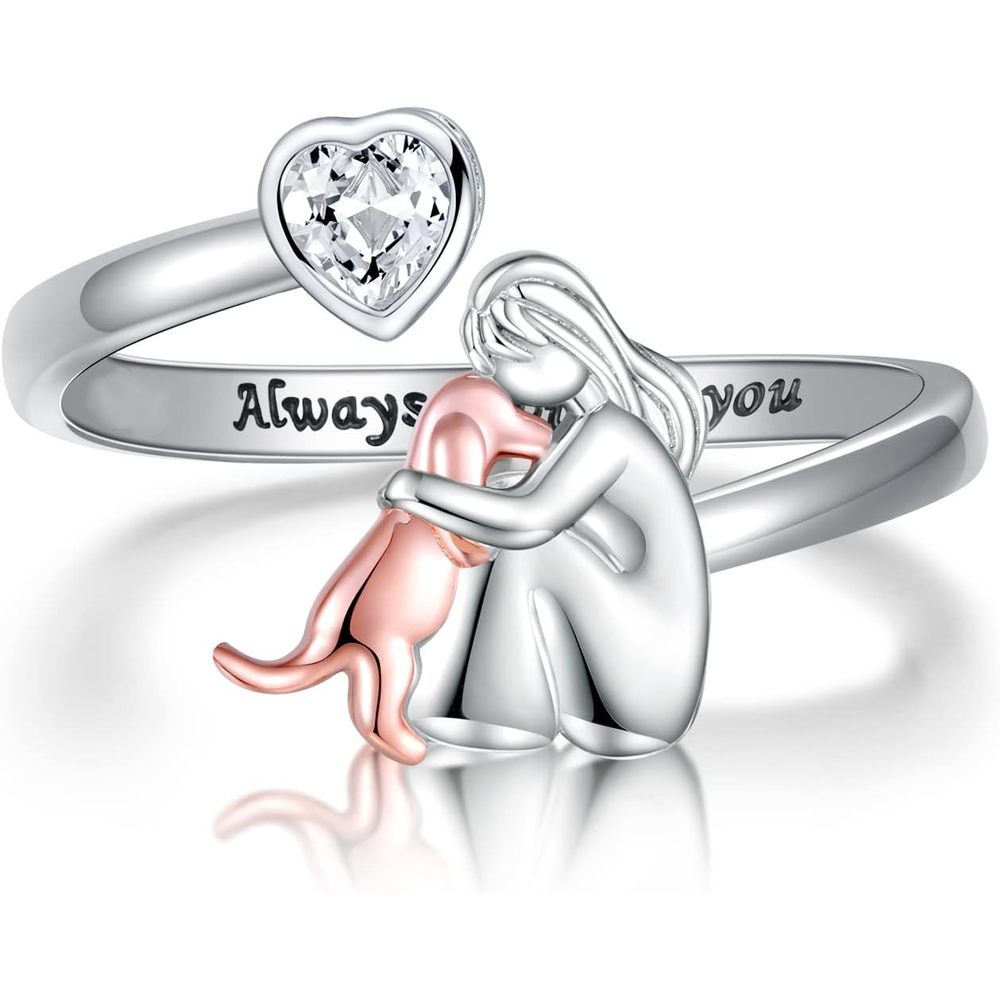 Girl And Dog Animal Heart-shaped Open Ring