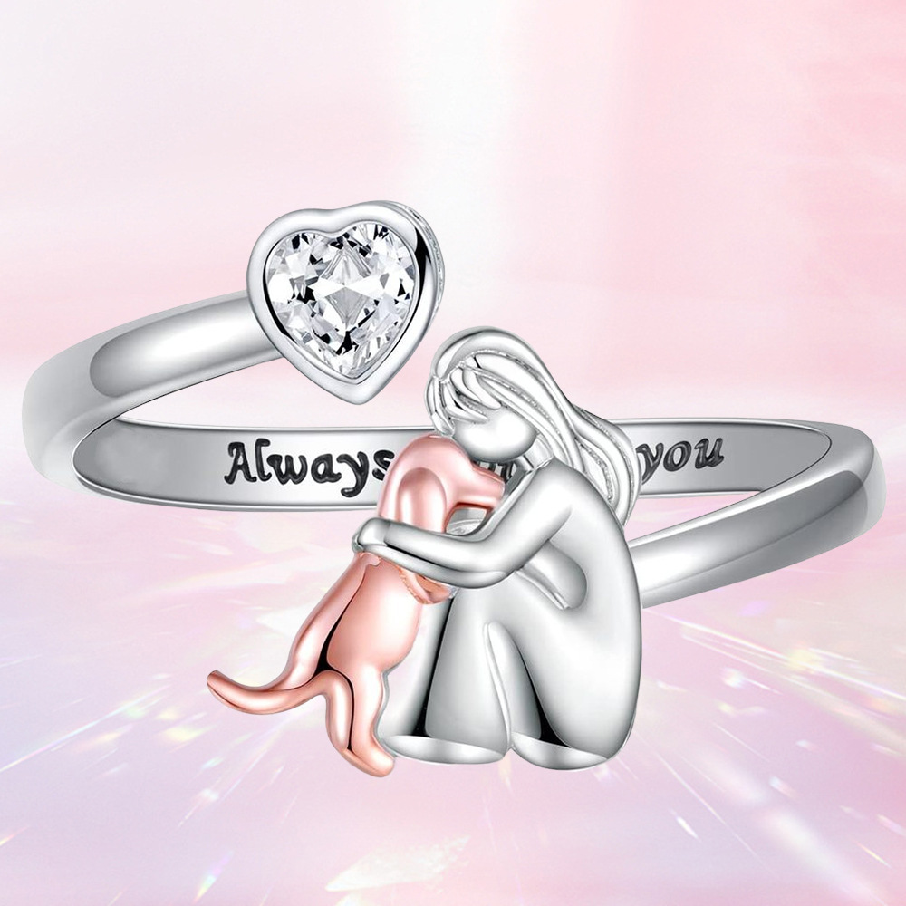 Girl And Dog Animal Heart-shaped Open Ring