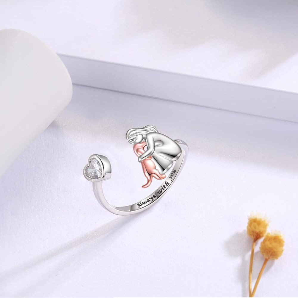 Girl And Dog Animal Heart-shaped Open Ring