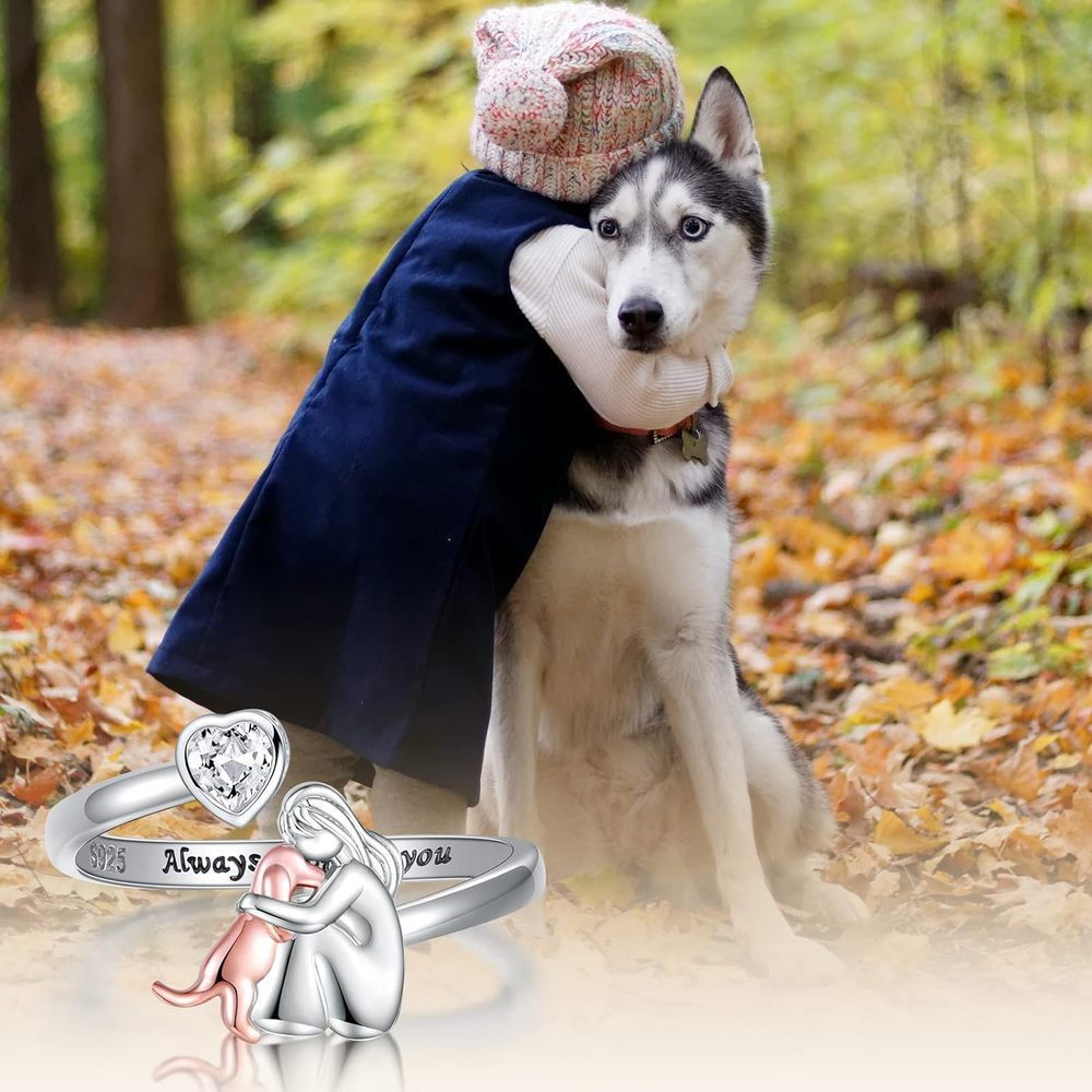 Girl And Dog Animal Heart-shaped Open Ring