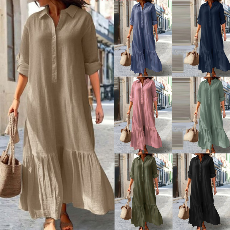 Long Asymmetrical Cotton Linen Dress With A Shirt Collar And Twist Buttons