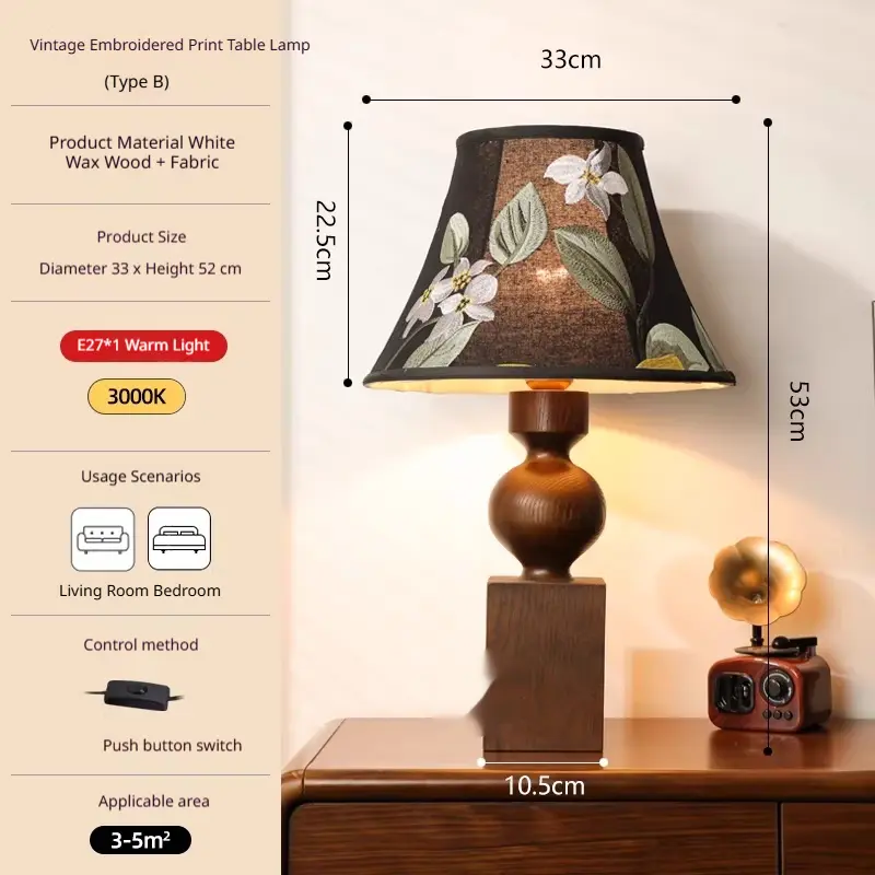 Wabi-Sabi Style Vintage Creative Embroidered Bedroom Bedside Lamp