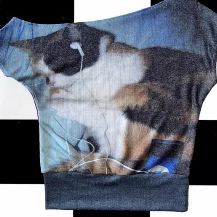 Retro Sassy Calico Cat Print Stretchy Asymmetrical Off-shoulder Short Sleeve
