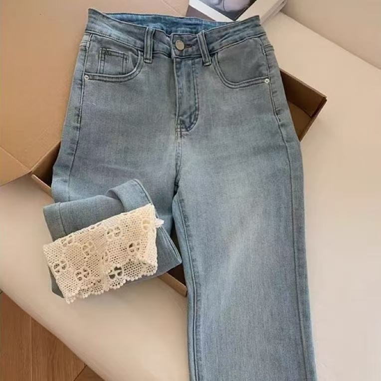 Women's Fashionable Retro Lace Straight-Leg Denim Jeans