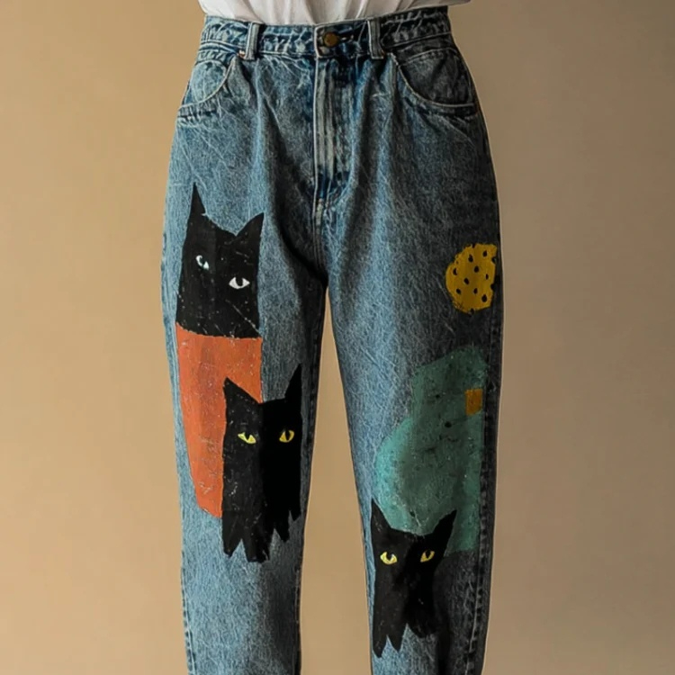 Fashionable Digital-Print Straight-Leg Denim Pants