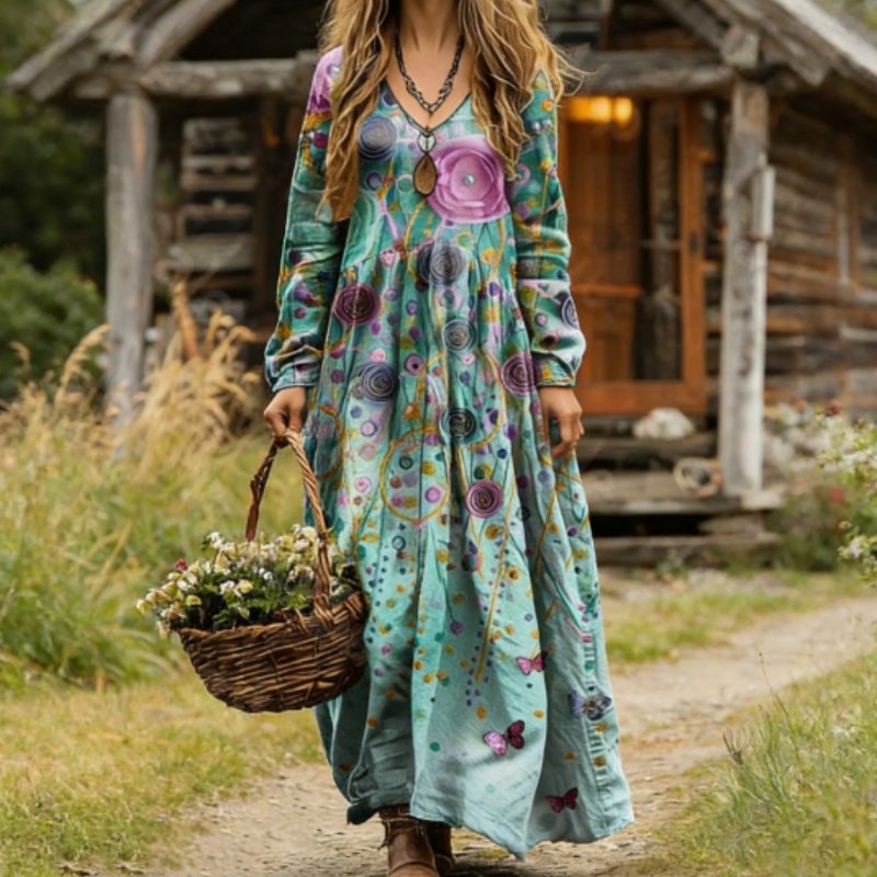 Boho Floral Butterfly Print V-Neck Long-Sleeve Maxi Dress